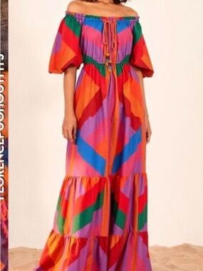 FARM Rio Multicolor Off-Shoulder Maxi Dress with Puff Sleeves